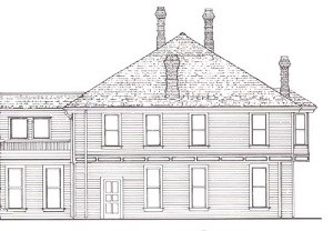 Line drawing of large building with four chimneys.
