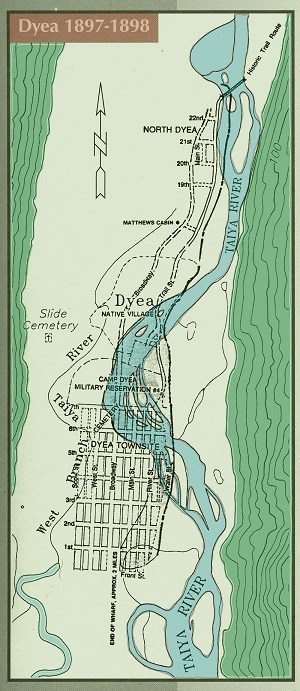 Blue and green map titled Dyea 1897-1898
