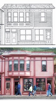 Top: line drawing of buildings
Bottom: photograph of buildings with businesses inside and people out front.