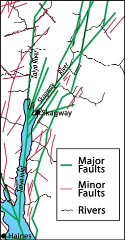 Map of Skagway and Haines with fault lines marked