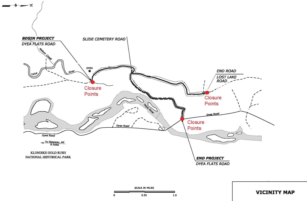 Map showing construction area and closure points on Dyea Flats Road