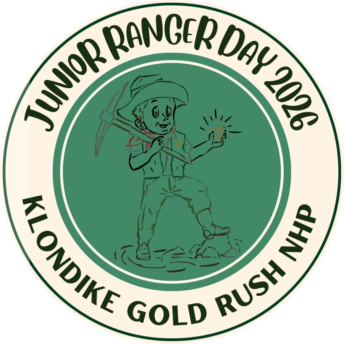 Illustration of a young person holding a mining pick and gleaming gold nugget. Text reads “Junior Ranger Day 2026: Klondike Gold Rush NHP”