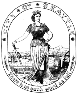 Black and white line drawing of a woman on a wharf with a sword.  Text reads "City of Seattle" and "There is no such word as fail."