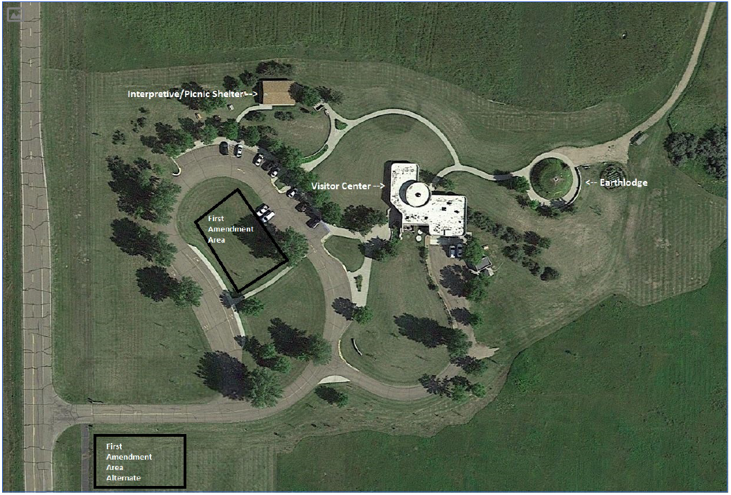 The labeled park map for the superintendent compendium. First Amendment areas are a mowed grass area surrounded by a parking loop west of the Visitor Center and a mowed grass area just south of the main entrance gate.