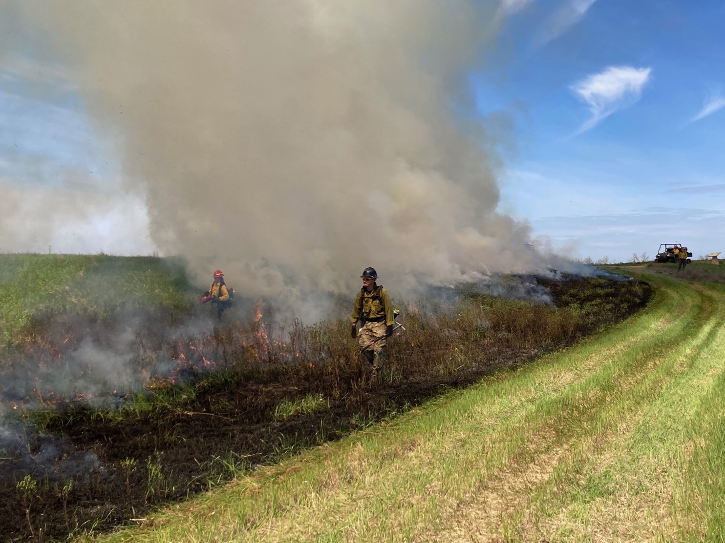 Fire fighters ignite fire while walking in the black of the burn. The grass is green and black. The sky is a vibrant blue with white clouds.