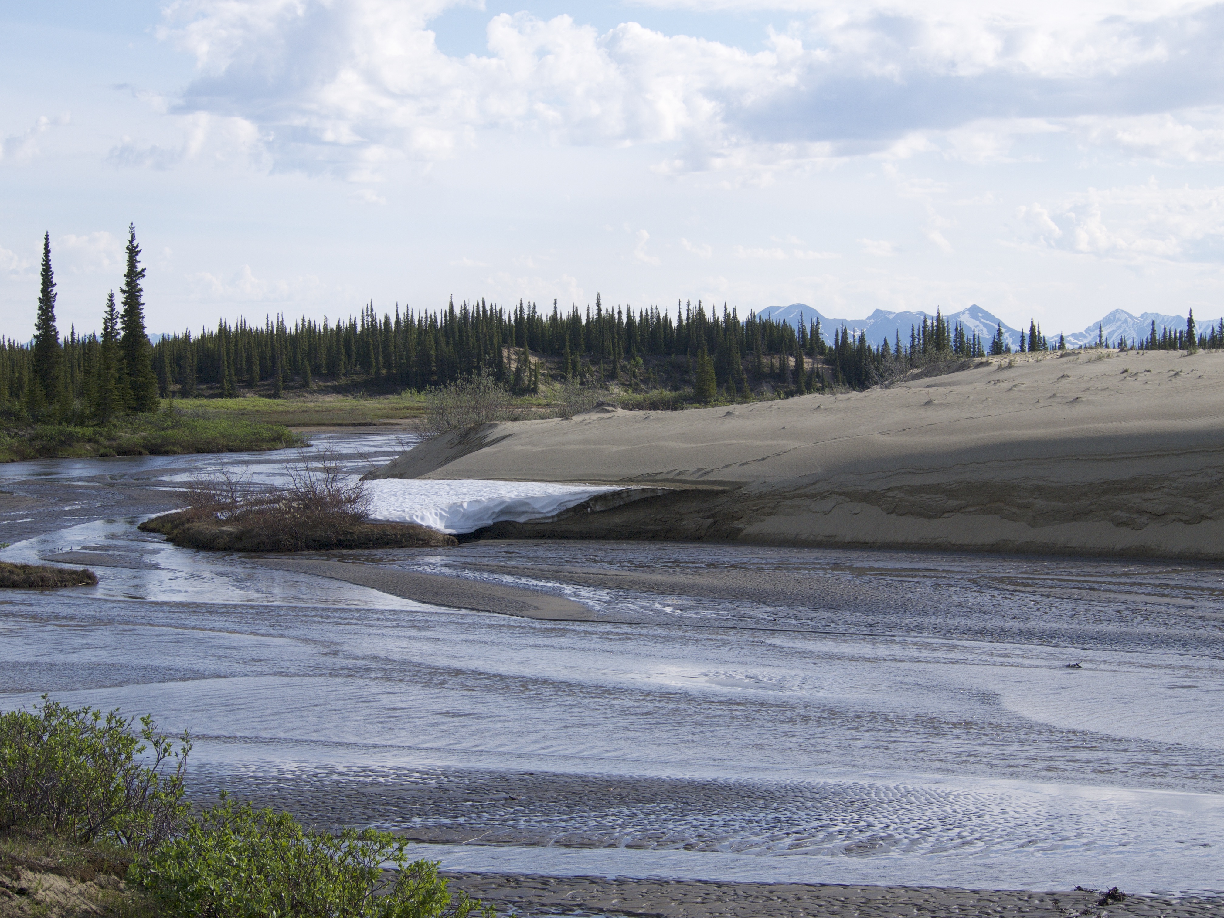 Sand dune on right half of picture with river in foreground and trees in background.