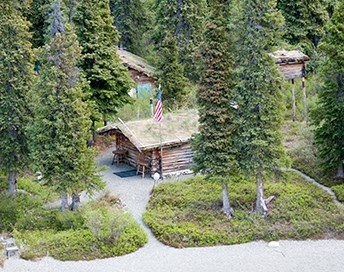 aerial view of three a forest with log buildings and gravel pathways between them.