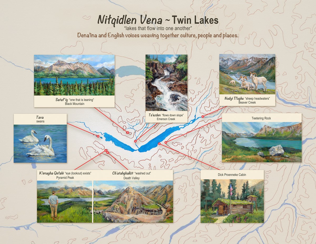 A map of Twin Lakes with English and Dena'ina Names including Black Mountain, Emerson Creek, Beaver Creek, Death Valley, Pyramid Peak, Teetering Rock, and Dick Proenneke Cabin