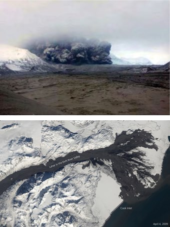 composite of two images. The top photo shows a lava flow speeding down the flanks of a snowy volcano. The lower photo is an aerial view showing a huge black swatch of lava flowing past snow-covered mountains