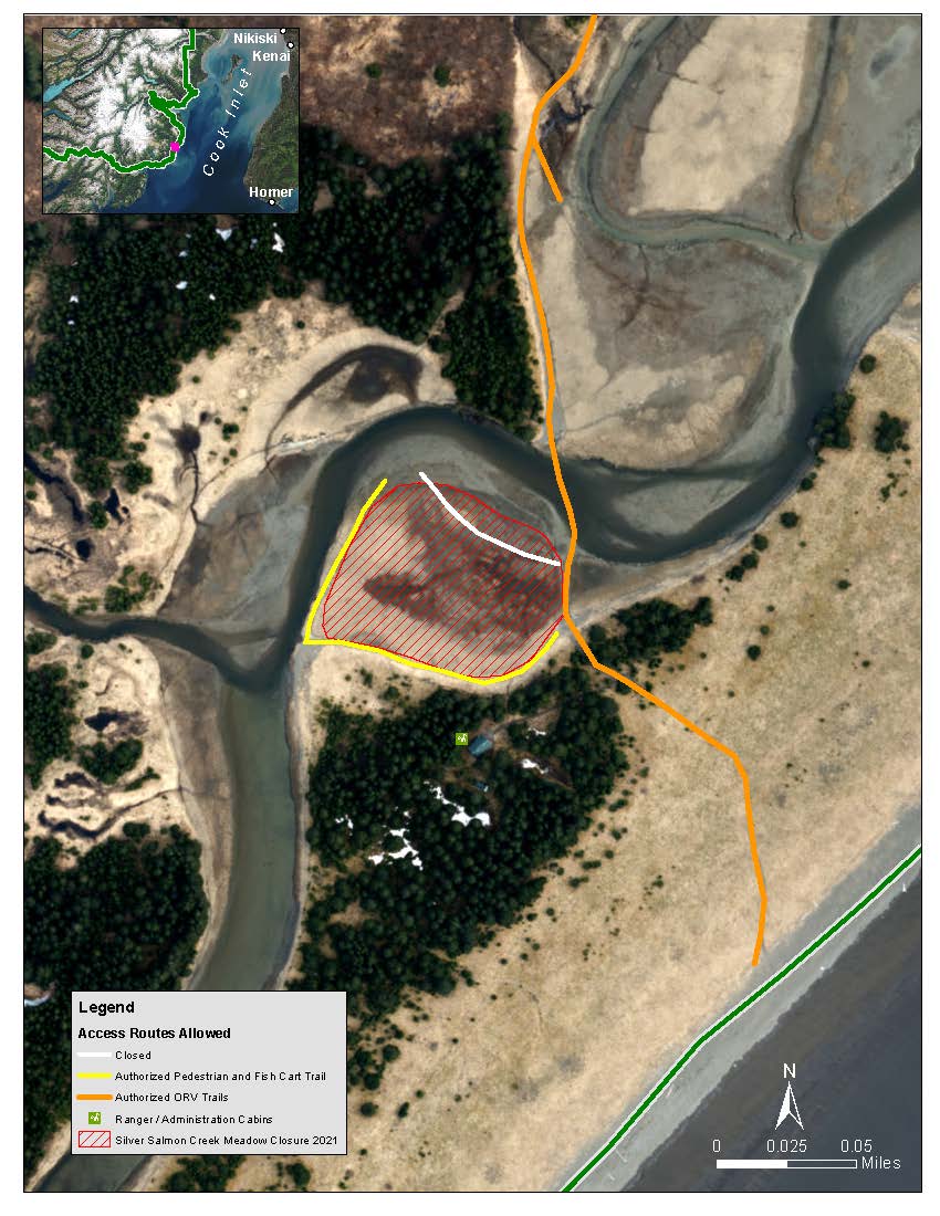 A map indicating the pedestrian trails and closed trail at Silver Salmon Creek