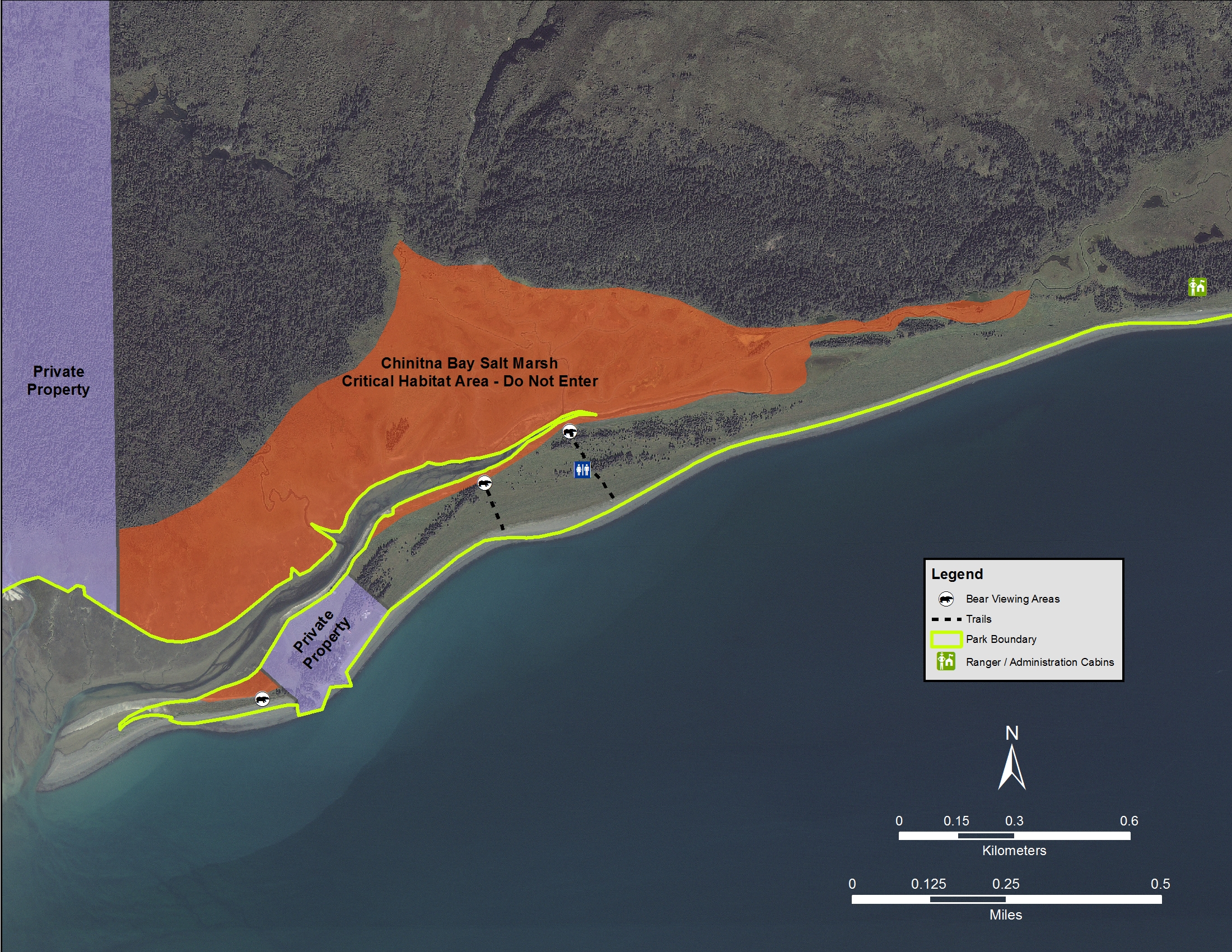 A satellite map of Chinitna showing the bay, shoreline, areas closed to entry, the location of a ranger cabin, bear viewing platforms, and private property boundaries.
