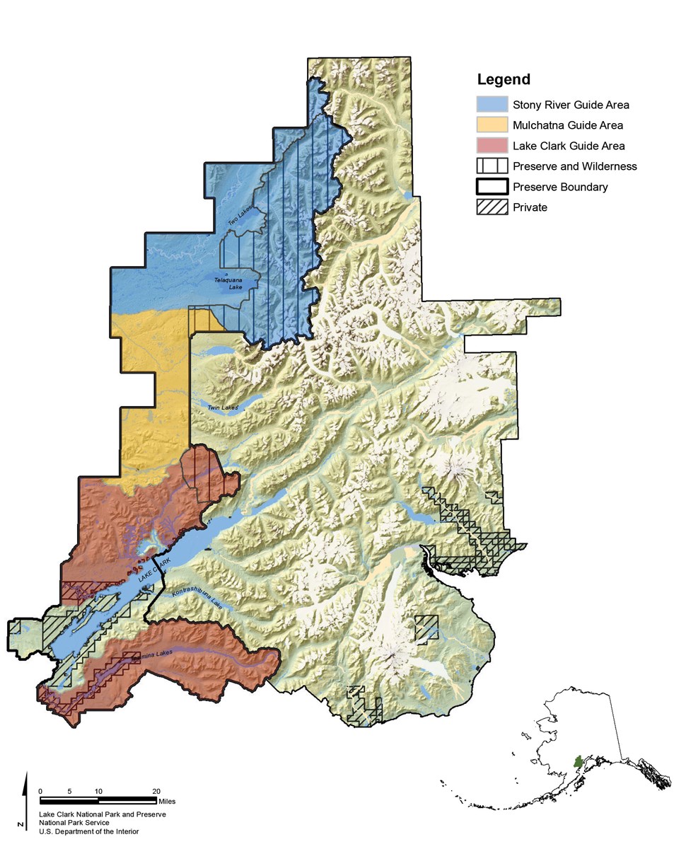 This map defines the locations of authorized hunt guiding services in Lake Clark National Preserve.  From North to South the preserve is divided into the Stony River, Mulchatna and Lake Clark guiding areas.