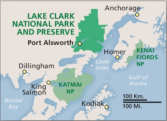 a map indicating Lake Clark's location across the Cook Inlet from Anchorage and Homer