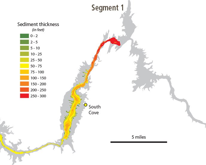 A sedimentation map zoomed in on the eastern part of Lake Mead.