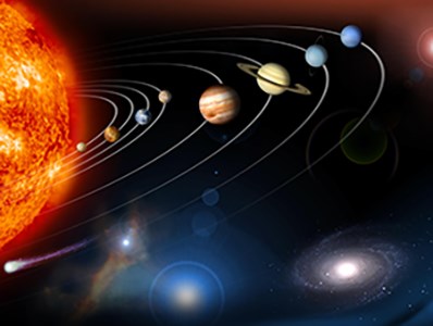 Artist drawing of the solar system, with a glowing sun to the left and the planets aligned on the same plane.