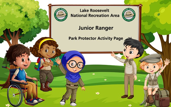 A group of children stand below a sign that says Lake Roosevelt NRA Junior Ranger Park Protector Activities.