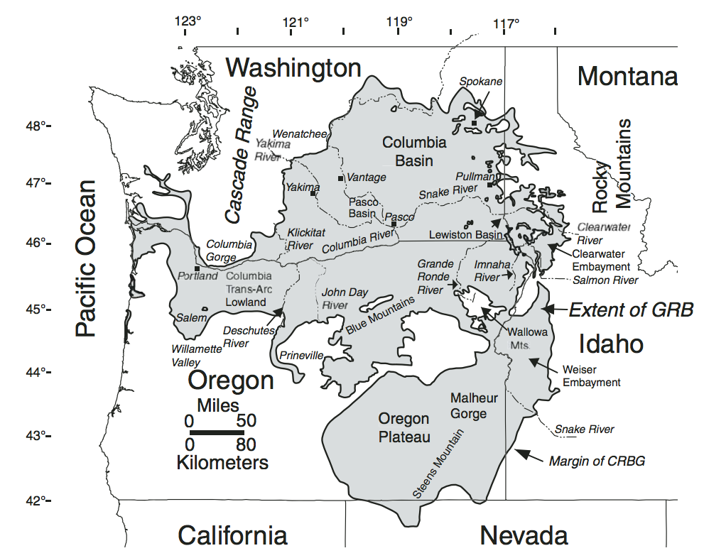 A map of Oregon, Washington and Idaho showing the extent of the Columbia River Basalts