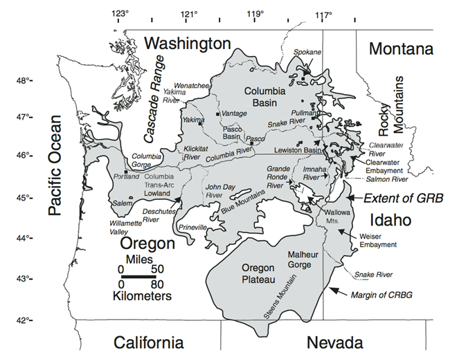 A map of Oregon, Washington and Idaho showing the extent of the Columbia River Basalts