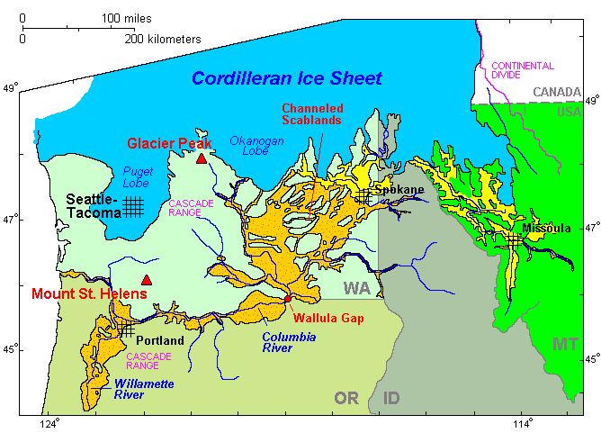 A map of Oregon, Washington, and Idaho showing the extent of the Cordilleran Ice Sheet and the location of the Channeled Scablands
