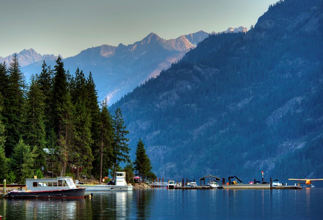 Variety of boats on a glassy lake with tall green trees and blue mountains behind.