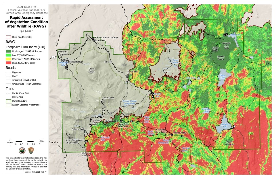 A map of a fire footprint covering 70% of the park area. Large patches of red in the southwest corner indicate high-severity effects. Smaller patches of red and yellow (moderate severity) blend with larger patches of green in the northeast corner.