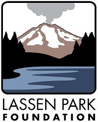 Logo with a smoking mountain fronted by a conifer treeline and blue lake