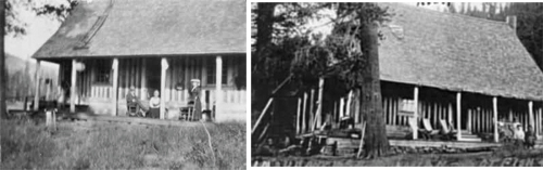 Annie Bidwell on porch of lodge and the lodge in 1907