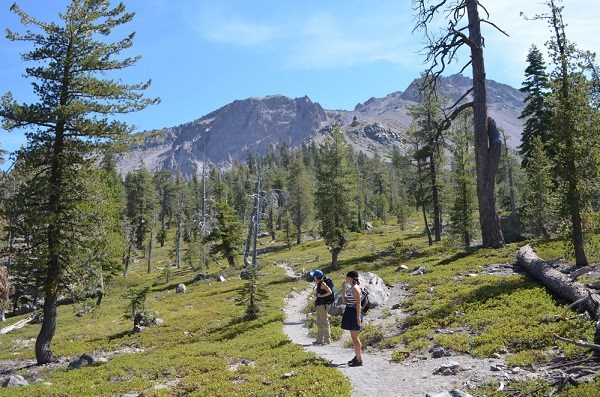 Two hikers on the Crags Lake Trail. Trees and ground cover are on both sides of the trail. Peaks of the Chaos Crags Volcanoes rise in the background.
