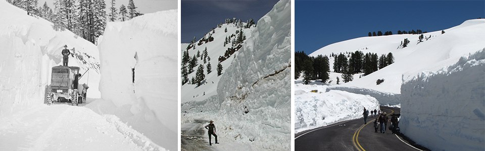 A compilation of three images showing 15+ foot high walls of snow