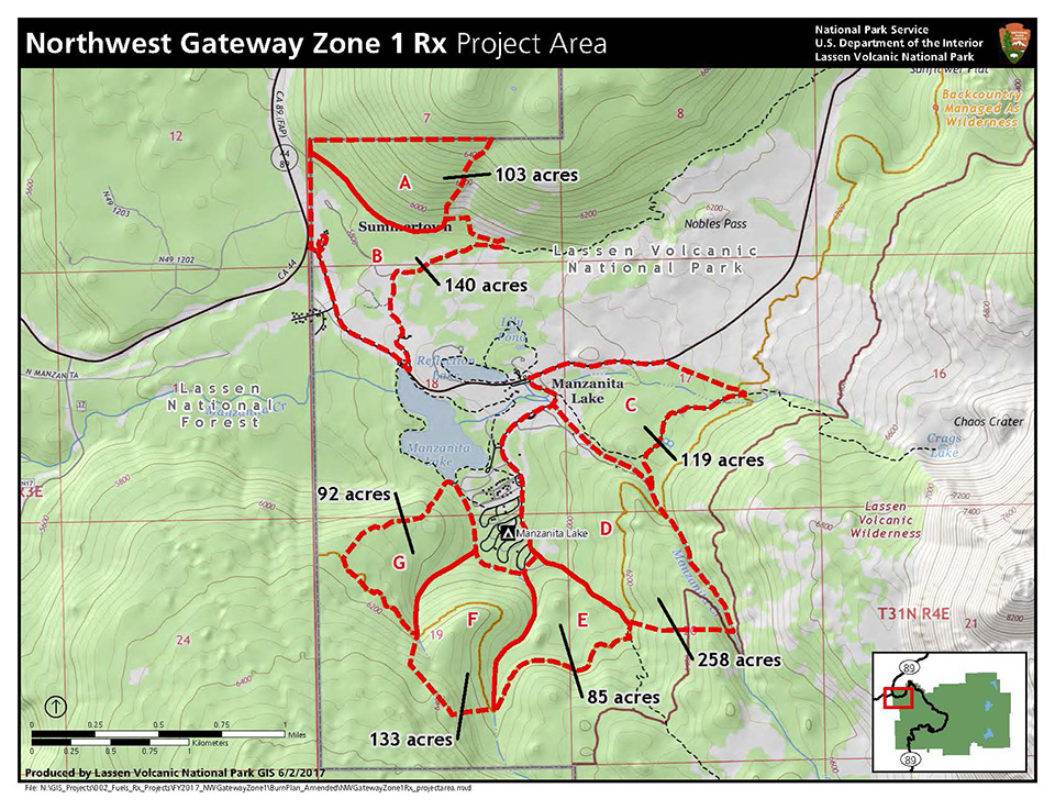 Map of Manzanita Lake area with forest in green fill and red outline for prescribed burn areas