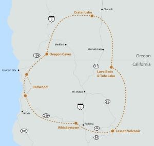A map with seven dots for NPS sites within southern Oregon and northern California.