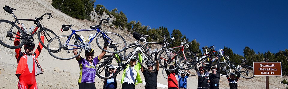 A group of bicyclists hold their bicycles above their head next to a sign that reads "Summit Elevation 8511 feet"