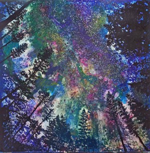 A highlight pigmented watercolor painting of a night sky and conifer tree tops