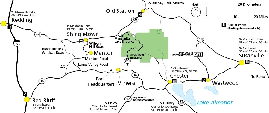 Map of highways and towns around the park
