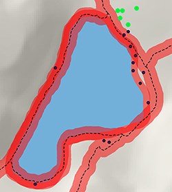 A map with red highlight along shoreline and trail indicating areas not appropriate for camping.