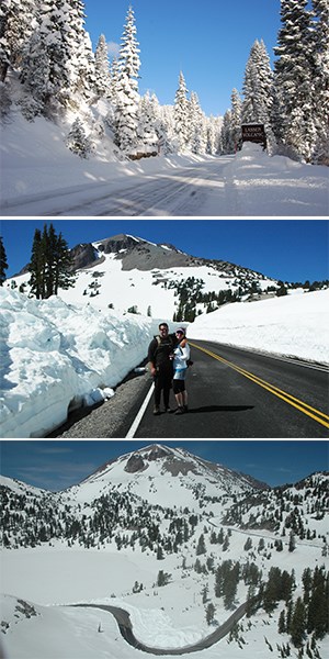 Three stacked images showing snow on a highway, a couple on road flanked by snow, and a curving road cut into snow below a peak