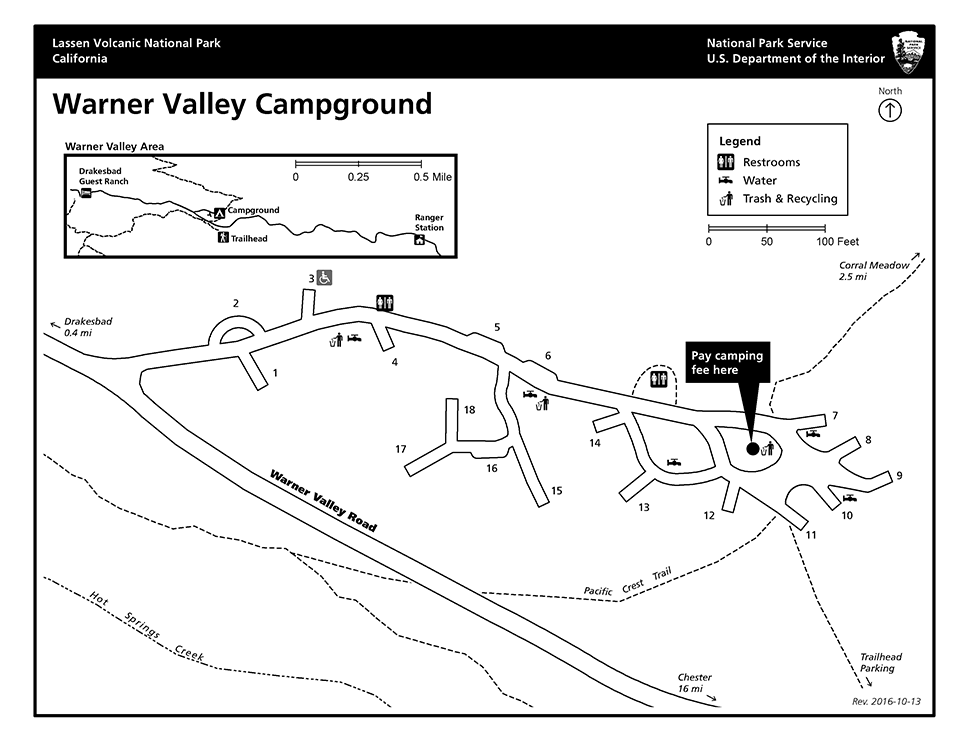 Map of Warner Valley campground depicting numbered sites and facilities
