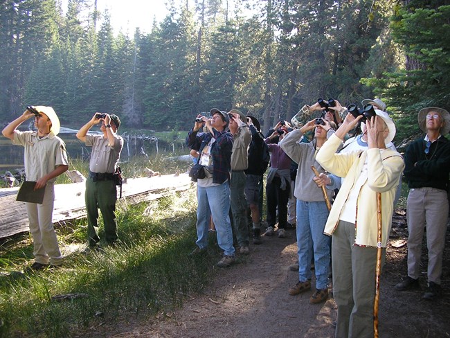 a group of people standing by a lake, all holding binoculars and looking to the upper left