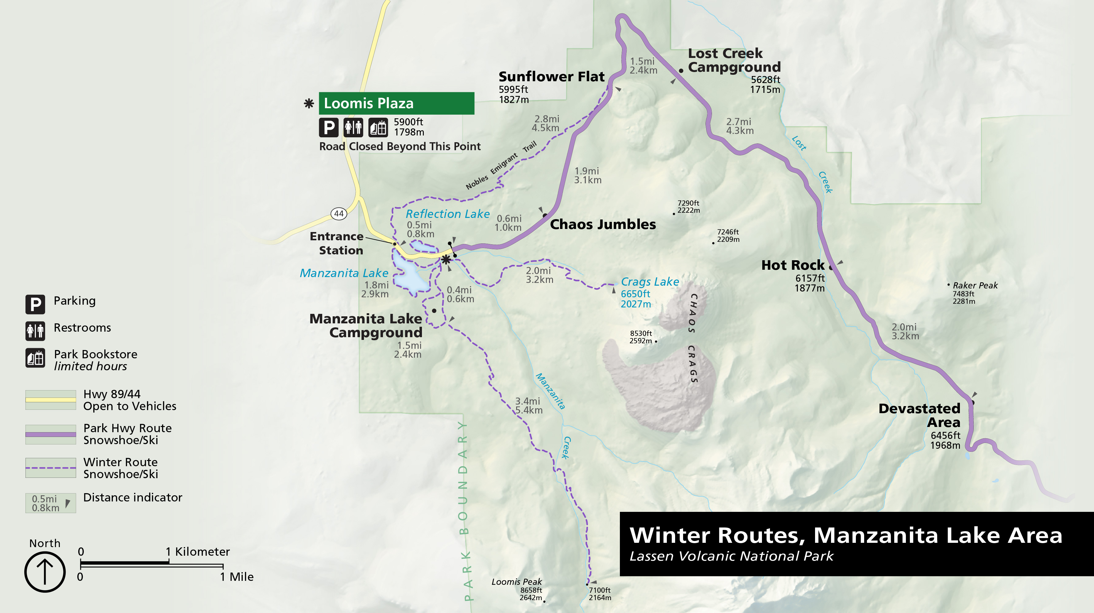 NPS map depicting winter routes and park features in Manzanita Lake area