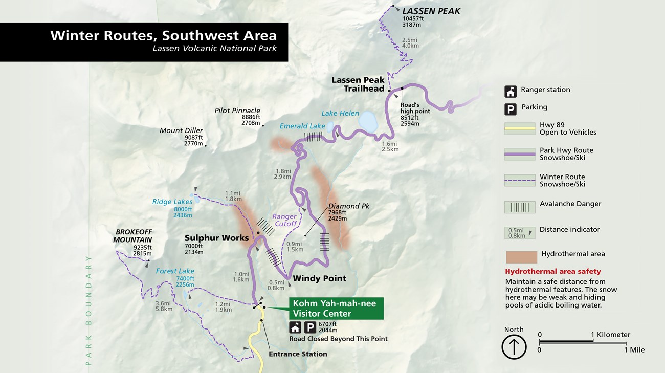 NPS map showing winter routes and park features in southwest area