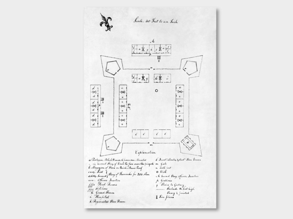 A line drawing of the layout of Fort Fayette, with a listing of building.  The fort was primarily a square with a pointed, protruding blockade at each corner.  Inside the fort were approximately 12 buildings.