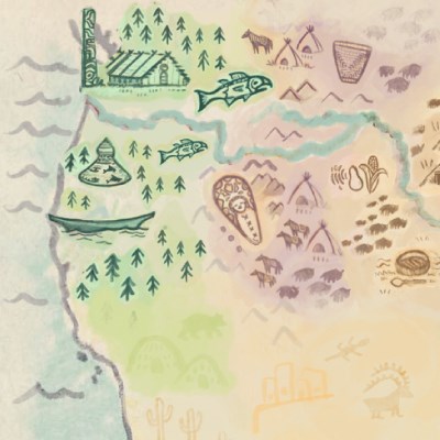Cartoon style illustration of Pacific Northwest United States with tribes art, homes, boats, animals, and forests.