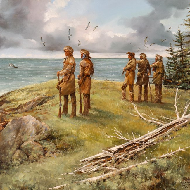 a painting of five people in 1800s clothing standing on a cliff