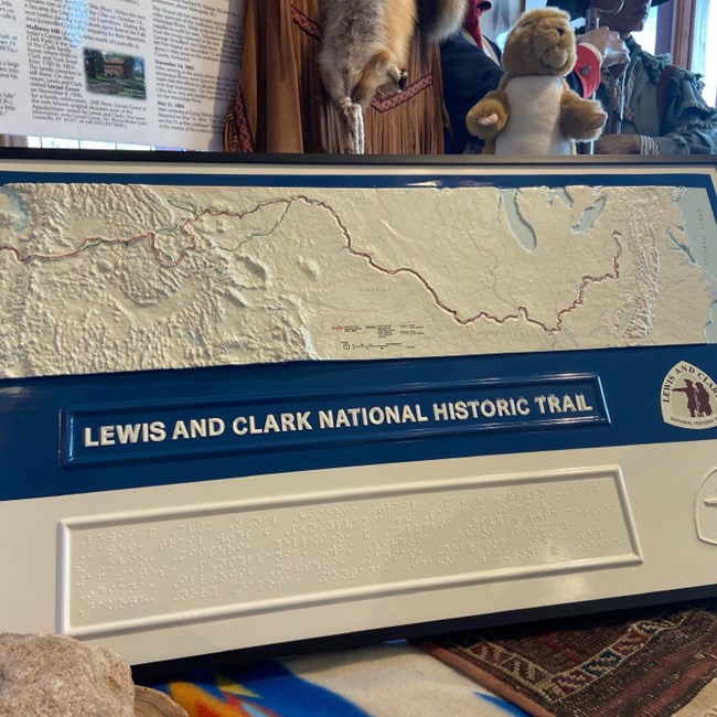3D map of Lewis and Clark Trail. Braille Panel. Text raised to touch.