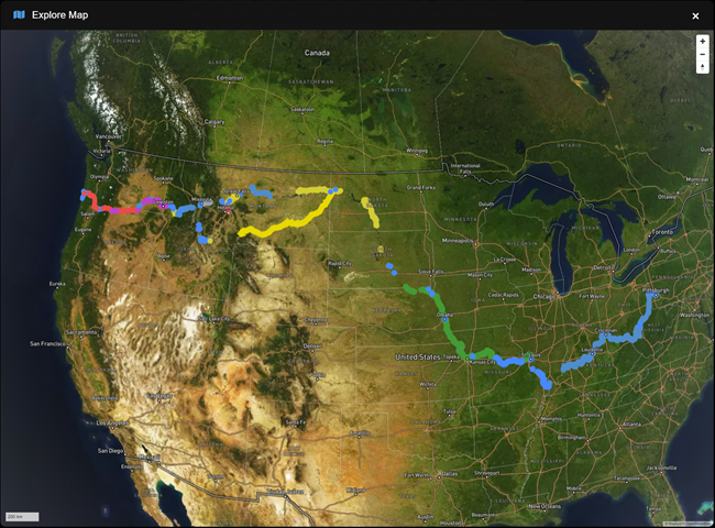 map of the US with colorful lines