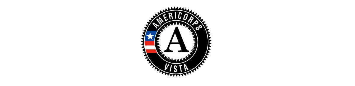 AmeriCorps VISTA Logo. Black and white seal with a large A and small red white and blue flag design.