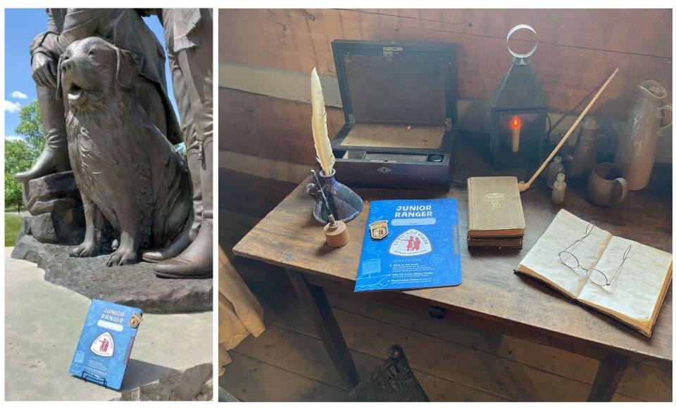 Photo 1. Blue booklet beneath newfoundland dog statue. Photo 2. blue booklet on historic replica writing desk with quill pen, old spectacles, and lantern.