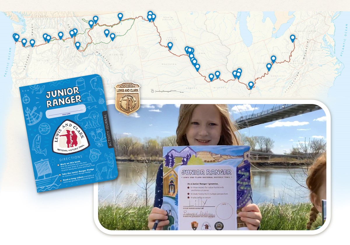 Map of Lewis and Clark Trail with dozens of location pins. Junior Ranger booklet and badge. Child holds up booklet.