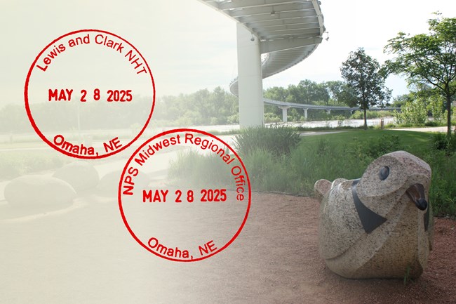 Two round passport stamps overlaid on an image of a bridge, river, and bird sculpture