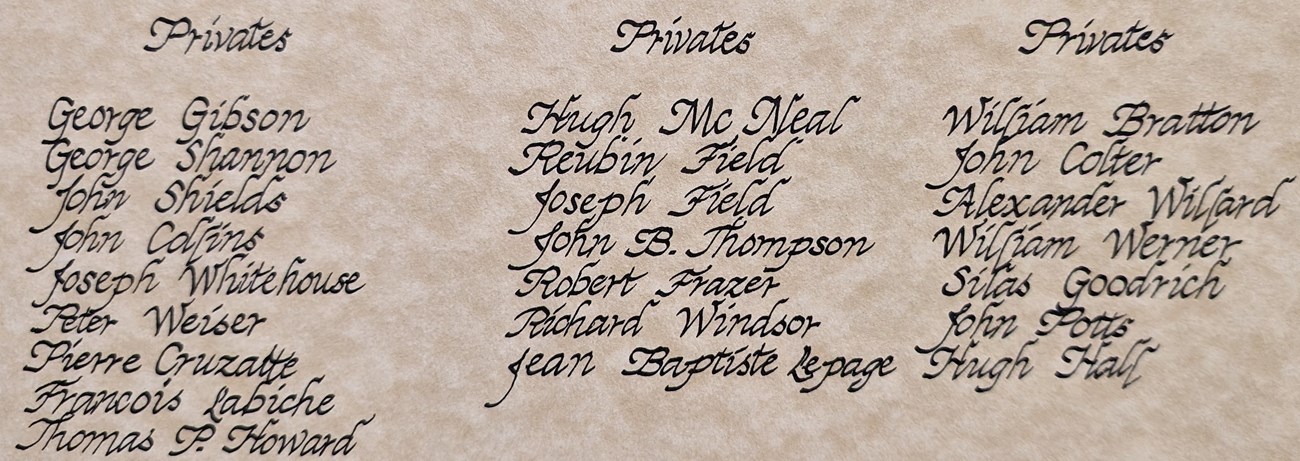 A list on parchment of the 23 Privates of the Lewis and Clark Expedition.
